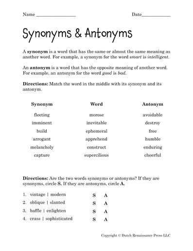 Synonyms And Antonyms Worksheets Tims Printables Worksheets Library