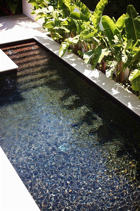 An Outdoor Swimming Pool Surrounded By Plants And Water Features Clear