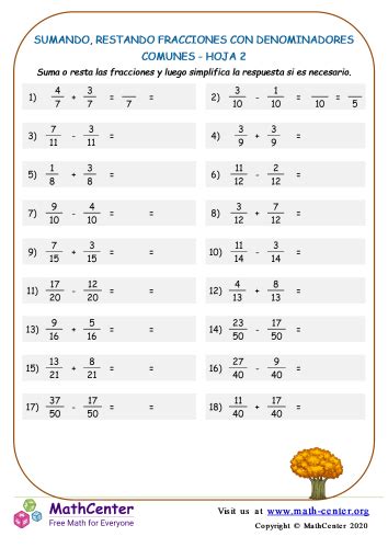 Cuarto Grado Hojas De Trabajo Sumar Y Restar Fracciones Math Center