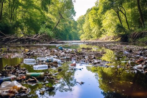 Premium AI Image A River With Trash And A Lot Of Bottles In It