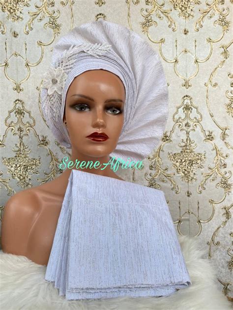 White Autogele Aso Oke Pre Tied Gele Headwrap African Nigerian Aso