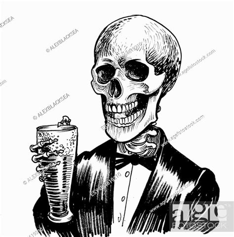 Ink Black And White Drawing Of A Human Skeleton Drinking Beer Stock