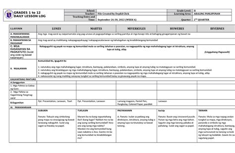 Dll Araling Panlipunan 2 Q2 W6 Grades 1 To 12 Daily Lesson Log School