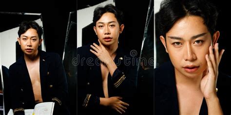 Asiático Lgbtqia Gay Hombre Negro Pelo Desgaste Blazzer Capitán Collage Foto de archivo Imagen