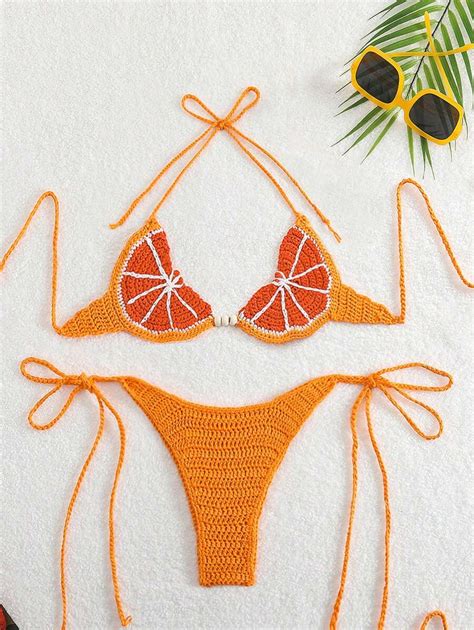 Sweetra Conjunto De Bikini De Ganchillo Sexy Con Cuello Halter Con