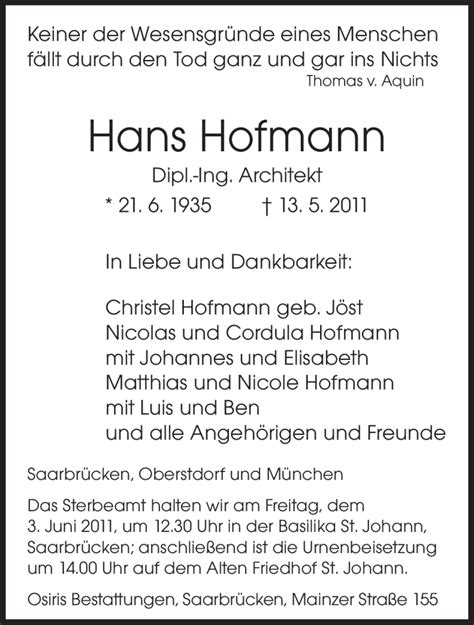 Traueranzeigen Von Hans Hofmann Saarbruecker Zeitung Trauer De