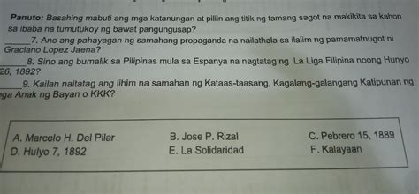 Panuto Basahing Mabuti Ang Mga Katanungan At Piliin Ang Titik Ng