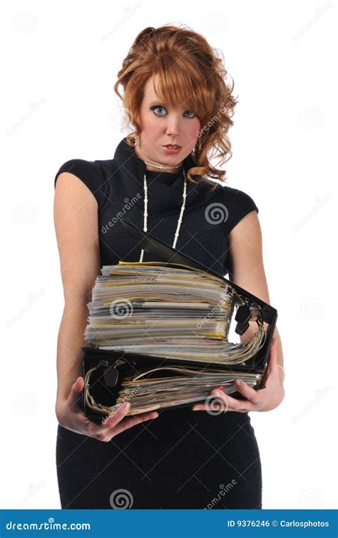 Office Woman With A Pile Of Files Stock Photo Image Of Files