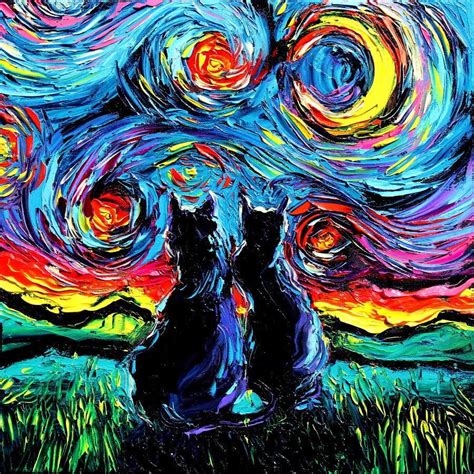 Black Cat Starry Night Like Van Gogh Painting Starry Night Art