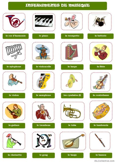 INSTRUMENTS DE MUSIQUE dictionnaire Français FLE fiches pedagogiques