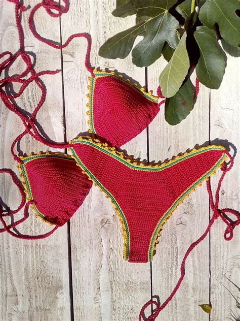 Crochet Bikini Set High Hip Brazilian With Red Yellow Green Etsy