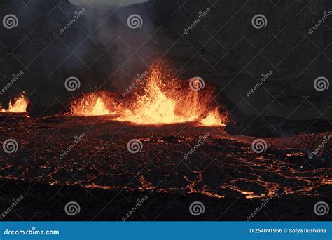 Volcano Eruption At Meradalir Near Fagradalsfjall Iceland Erupting