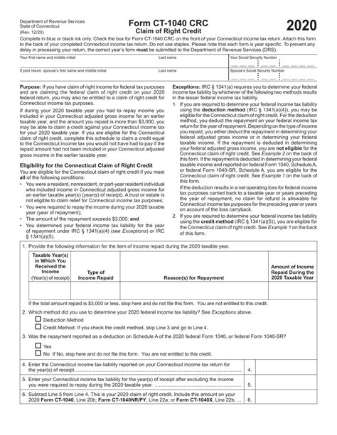 Form Ct 1040 Crc 2020 Fill Out Sign Online And Download Printable Pdf Connecticut