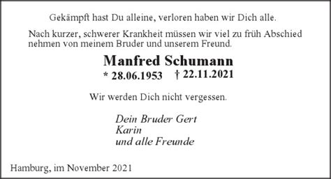 Traueranzeigen Von Manfred Schumann Hamburgertrauer De