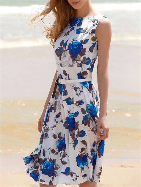 Blue M Floral Print A Line Sleeveless Midi Dress