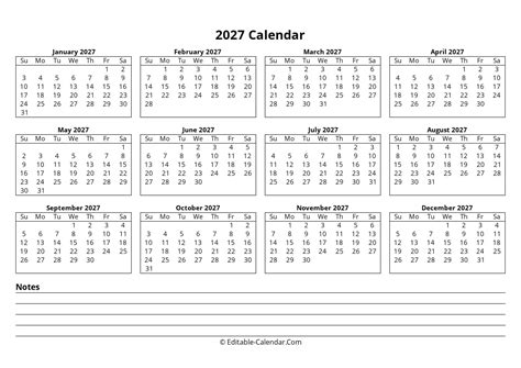 Download Editable 2027 Calendar With Notes, weeks start on Sunday