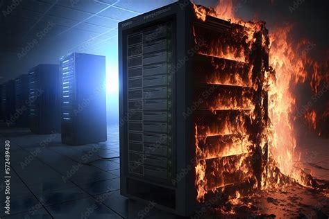 Disaster In Server Room Or Data Center Storage Room On Fire Burning