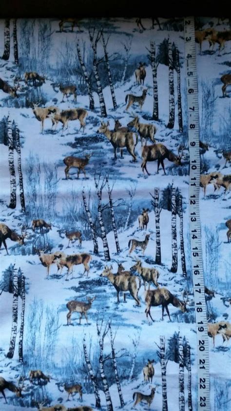 Flannel Fabric With Deer Elk Winter Scene Wildlife Trees