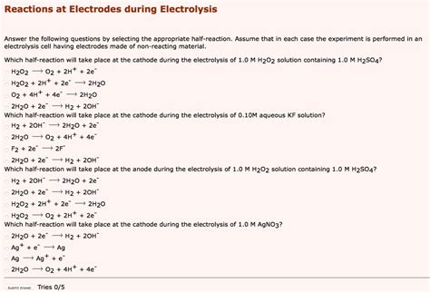 SOLVED Reactions At Electrodes During Electrolysis Answer The