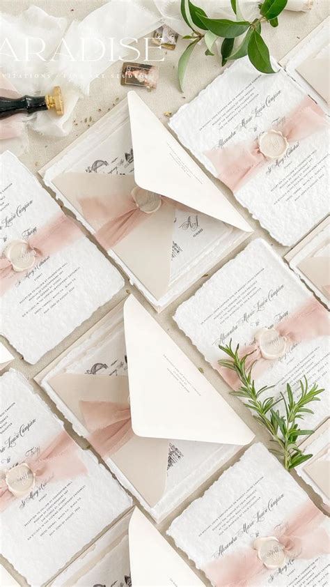 Hanmdade Paper Wedding Invitations Dusty Pink Silk Ribbons And