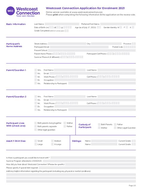 Fillable Online Westcoast Connection Application For Enrolment Fax