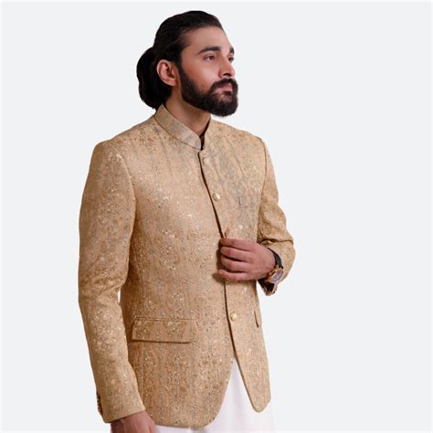 Golden Jamawar Fabric Pakistani Prince Coat For Men Prince Coat