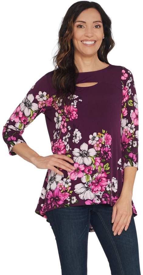 Susan Graver Printed Liquid Knit Hi Low Hem Top W Cutout