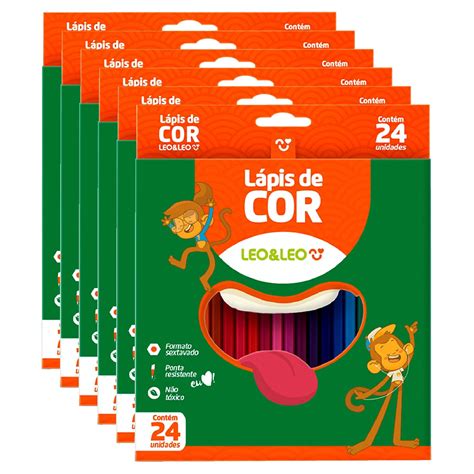 Lápis de Cor 24 Cores Sextavado Pacote c 06 Unidades Leo e Leo