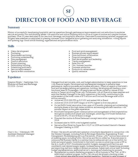 Food And Beverage Director Resume Example