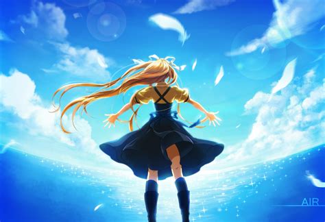Air Blonde Hair Clouds Dress Feathers Kamio Misuzu Kneehighs Long Hair Momopanda Sky Water