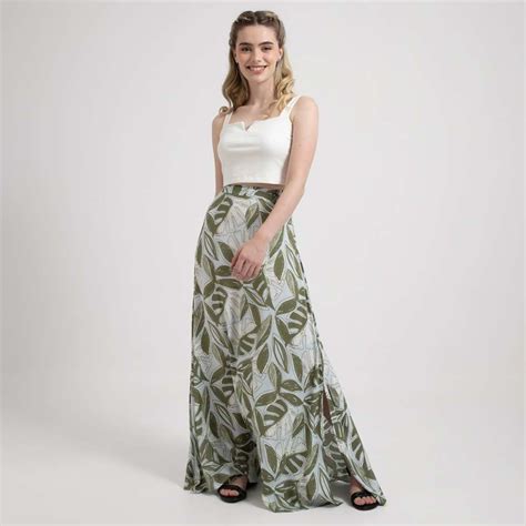 Saia Longa Em Viscose Verde Estampada