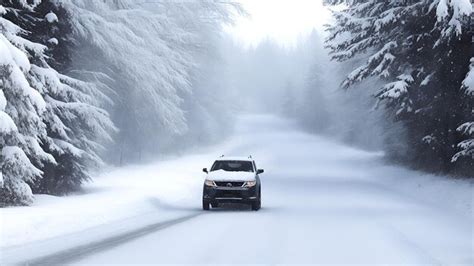 Um Carro No Inverno Em Uma Estrada Nevada Que Atravessa A Floresta