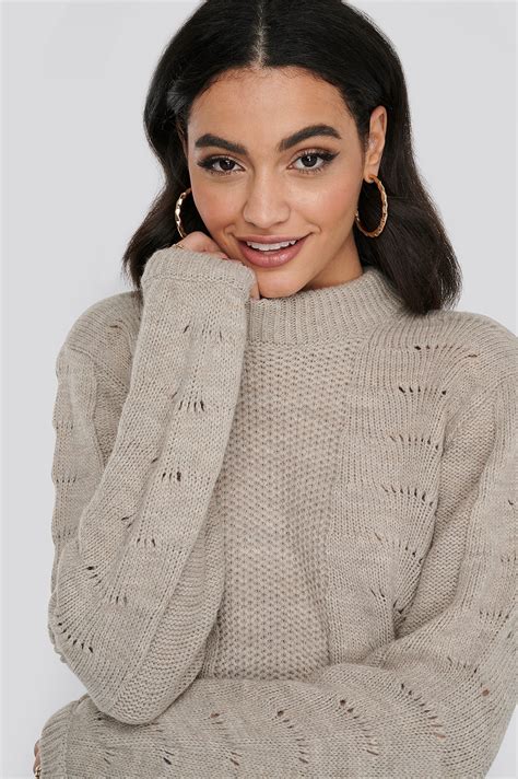 Pattern Knitted Round Neck Sweater Grey Na