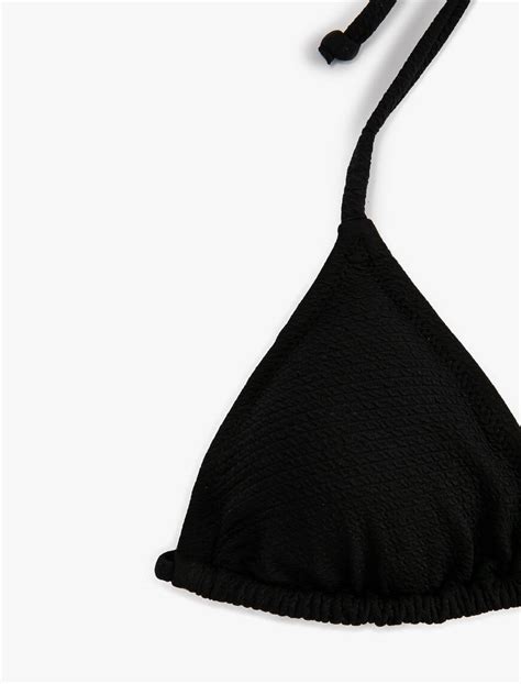 Siyah Kadın Üçgen Bikini Üstü Dokulu Boyundan Bağlamalı Kaplı SAK BM Koton