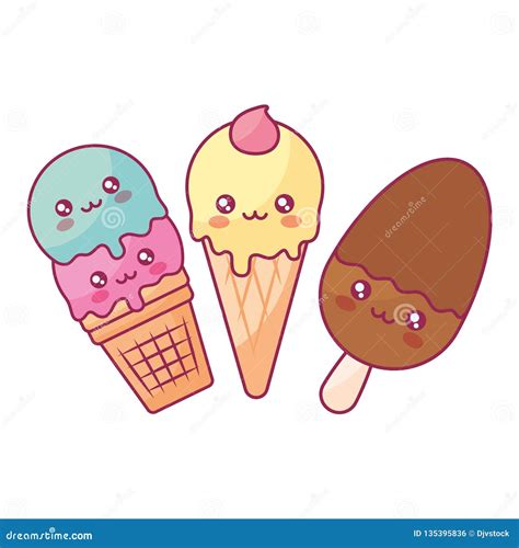 Cute Ice Creams Kawaii Characters Stock Vector Illustration Of Cone