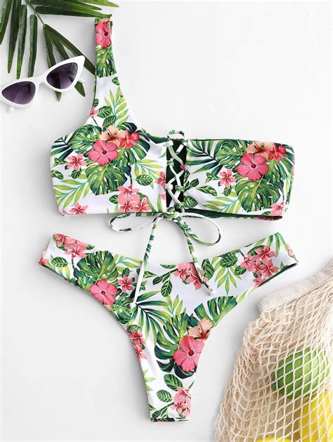 Zaful Reversible Flower Lace Up Bikini Set Multi A Ad Flower