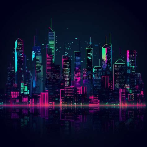 Neon City Skyline at Night stock illustration. Illustration of night ...