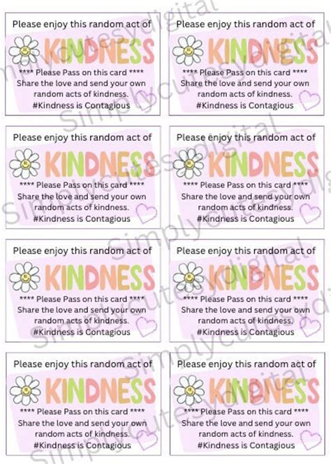 Printable Random Act Of Kindness Cards Raok Kindness Is Etsy