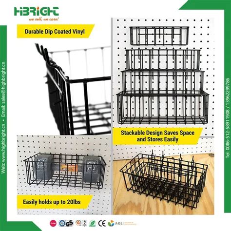 Four DIP Coated Hanging Wire Mesh Storage Baskets For Pegboard Gridwall