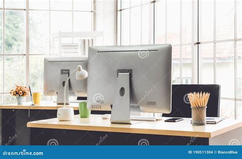 Desktop PC Computers in Small Modern Office or Home Office. Stock Photo ...