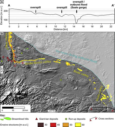 A) Topographic cross section (AA 0 in Fig. 3B) of the river gorge in ...