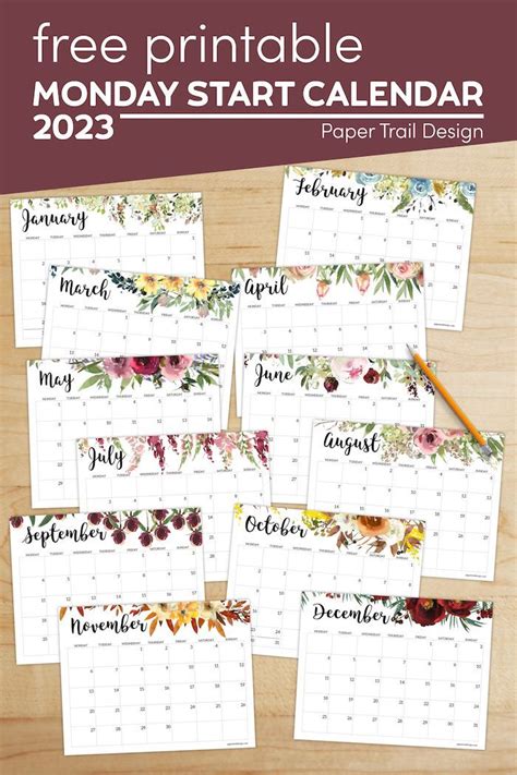 2023 Monday Start Floral Calendar - Paper Trail Design | Free printable ...