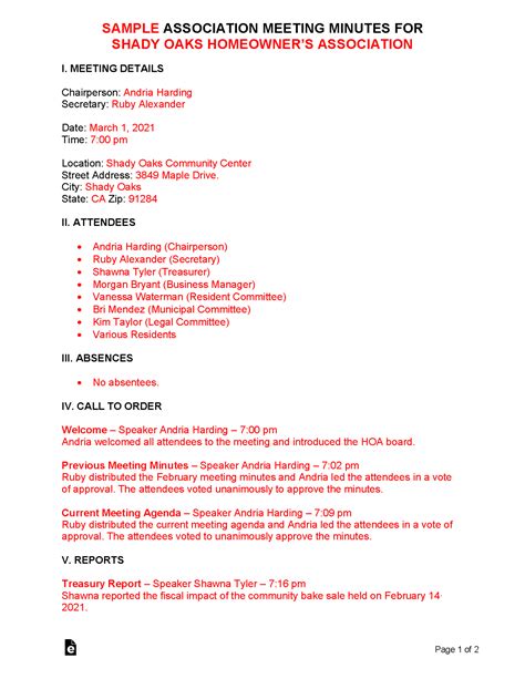 Free Association Meeting Minutes Template Pdf Word Eforms