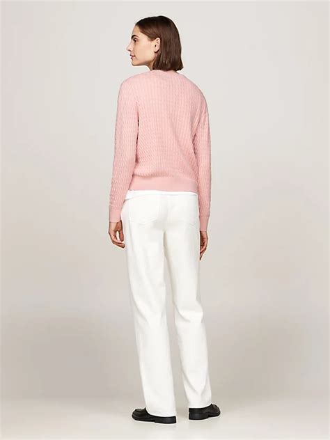 Cable Knit Crew Neck Cardigan Pink Tommy Hilfiger