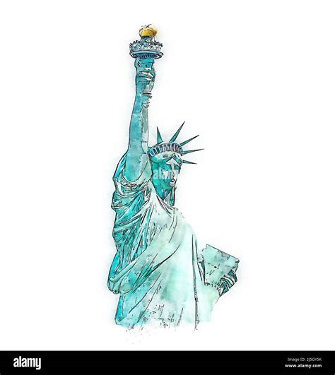 Watercolor Painting Illustration Of The Statue Of Liberty Isolated On