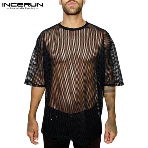 Incerun Men Sexy Mesh Hollow Out Transparent Short Sleeves Round Neck