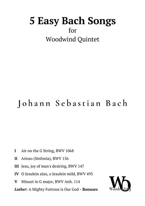 5 Famous Songs By Bach For Woodwind Quintet Arr Ander By Bach Martin Luther Sheet Music For