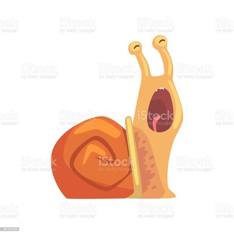 재미 있는 달팽이 하 품 귀여운 만화 연체 동물 캐릭터 만화 벡터 일러스트 레이 션 갈색에 대한 스톡 벡터 아트 및 기타 이미지