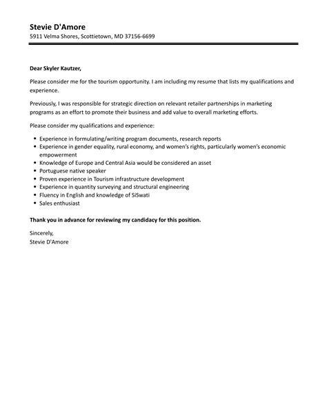 Tourism Cover Letter Velvet Jobs