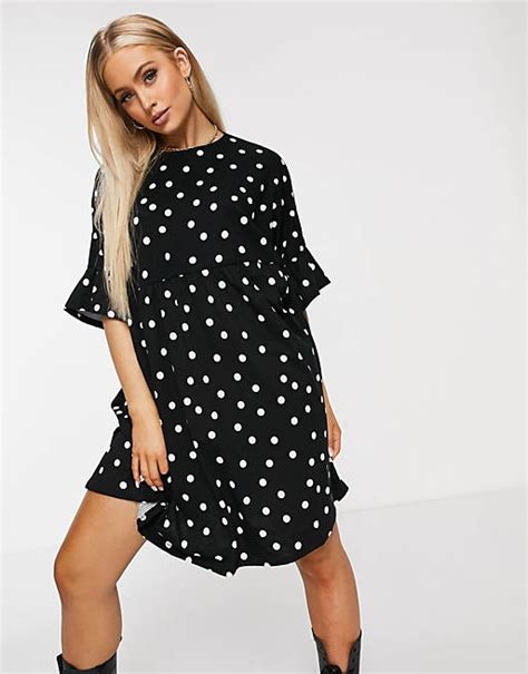 Asos Design Super Oversized Frill Sleeve Smock Dress In Black And White